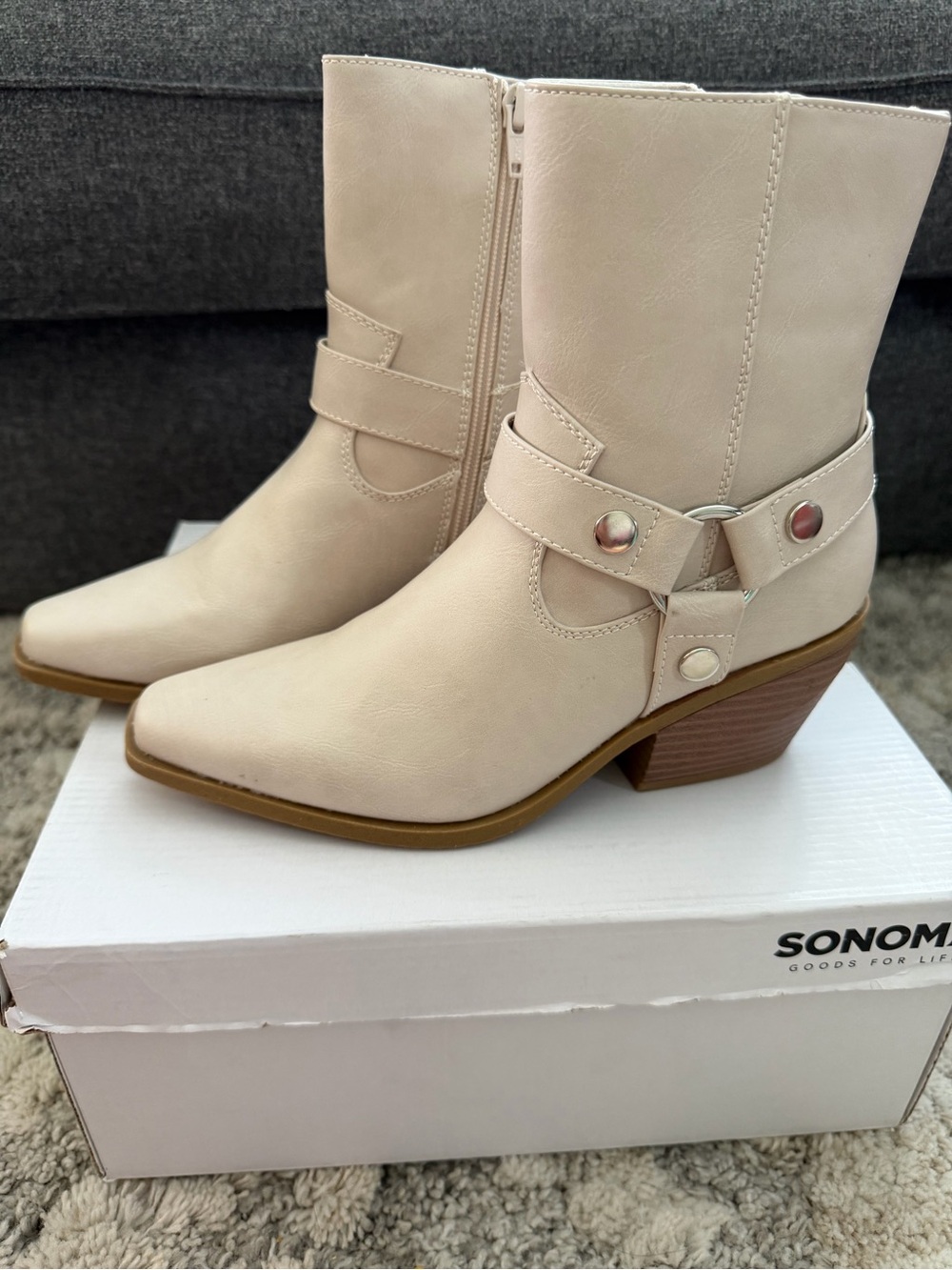 Sonoma Cream Western-Inspired Ankle Booties with Harness Strap
